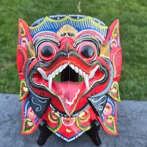Vintage Balinese Garuda Mask Hand Painted Marked Mythical Ceremonial Wall Art